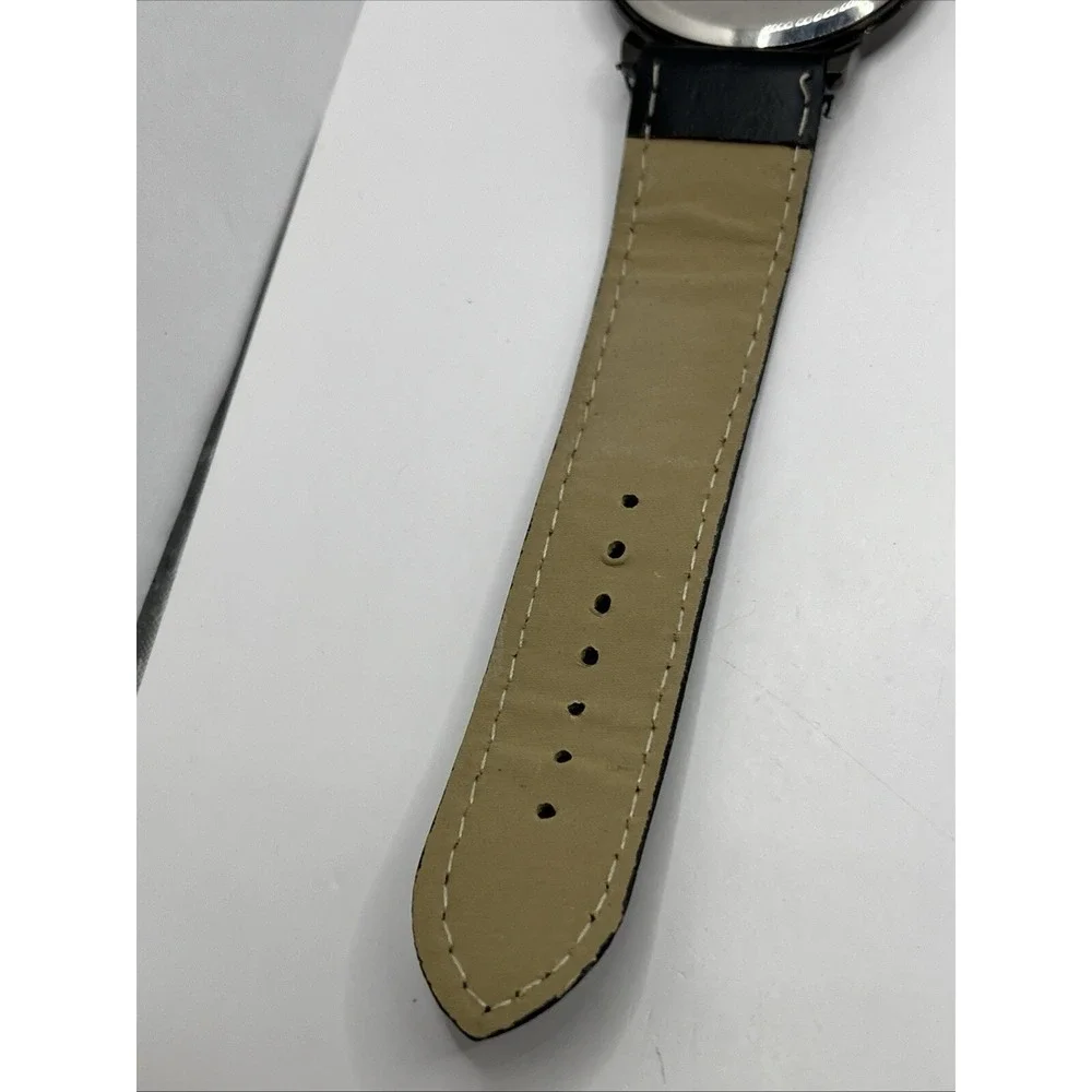 Men's Quartz Watch Black Faux Leather Band Silver‎ 42mm Case- New Battery
